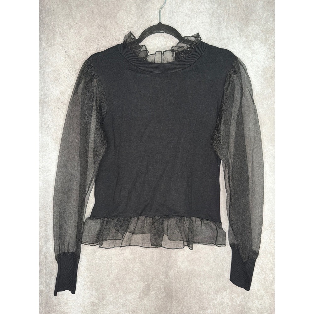 NWT Charmed Hearts‎ Black Ruffle Trim Top Sheer Mesh Tulle Sleeves Size L